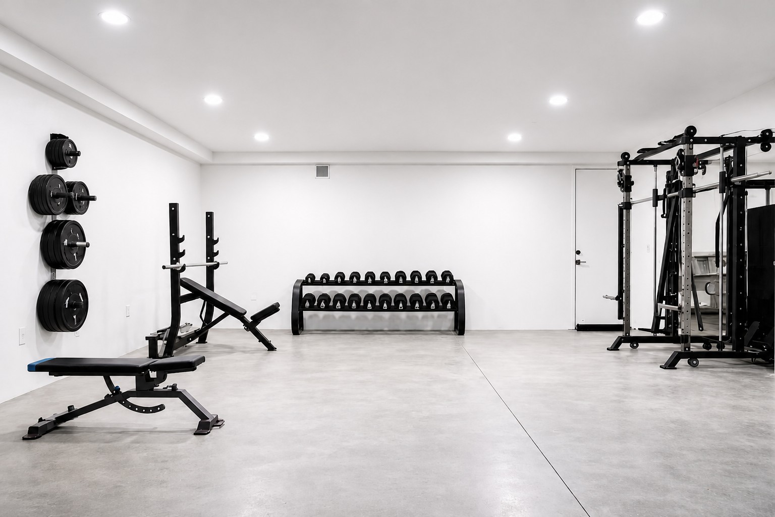 Fully customized private gym with weights and rack