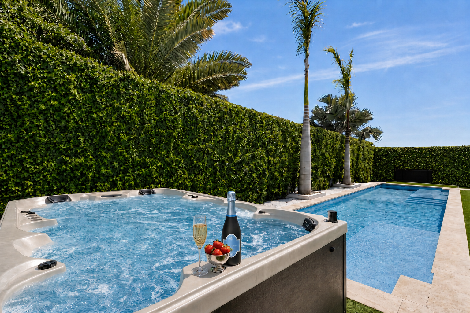 Custom 12-person jacuzzi beside the 50-ft lap pool