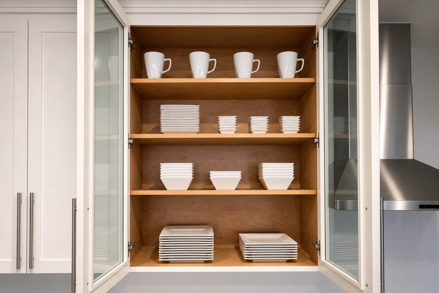Full 16-place dining set stored in glass cabinetry
