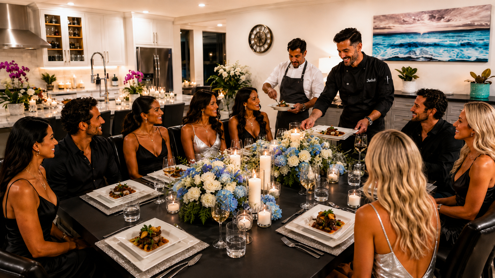 Private chef serving dinner to family and friends at the villa