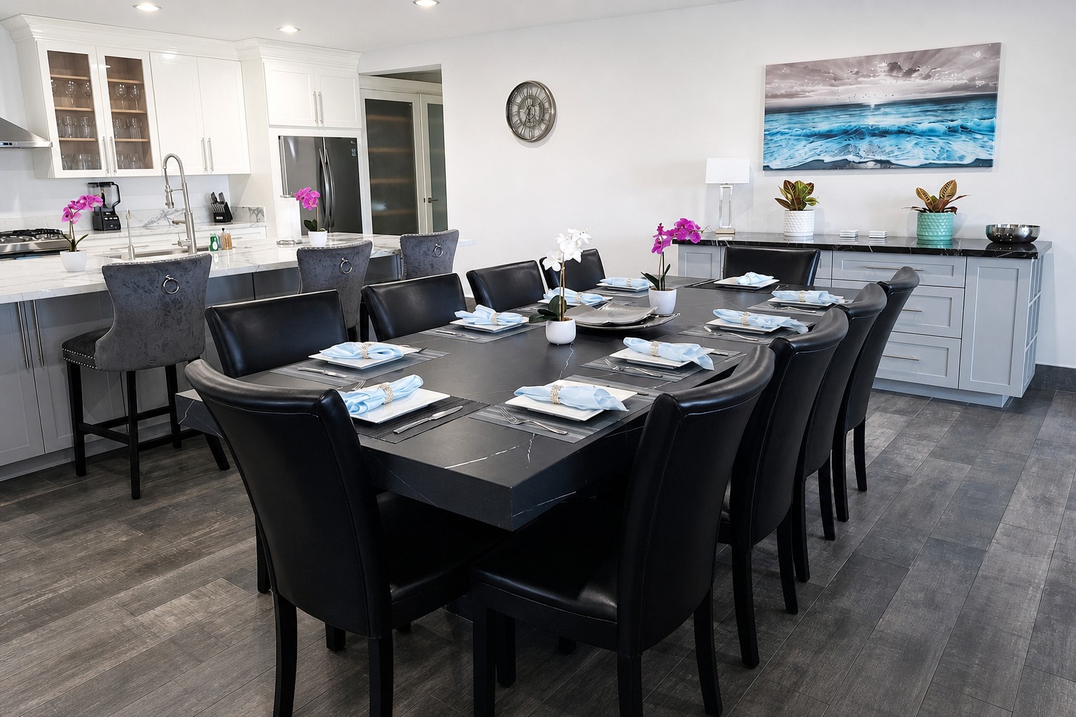 Custom Italian porcelain dining table with leather seating for ten