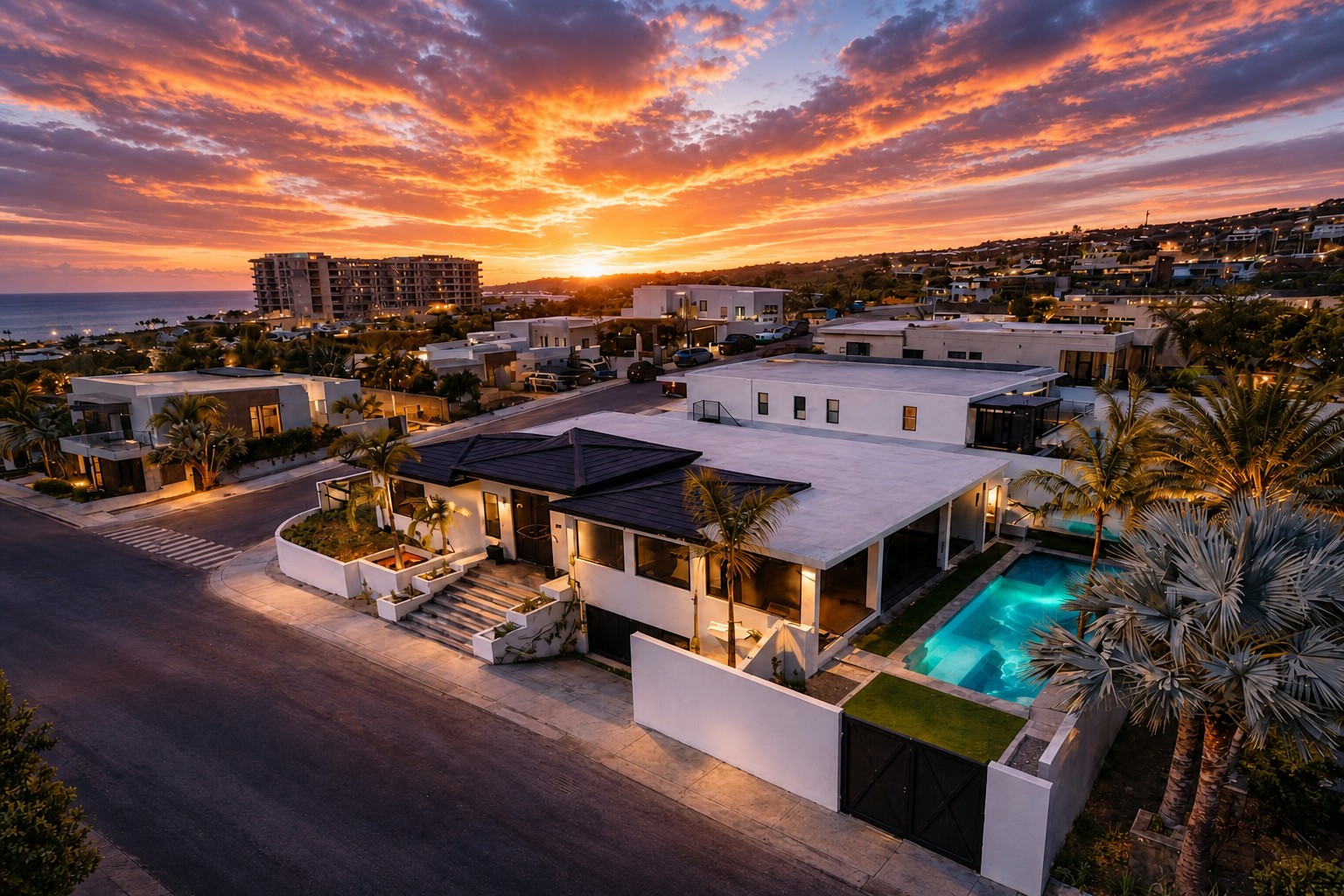 Villa Utopia at sunset from above