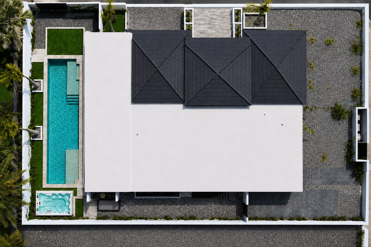 Top-down aerial view of Villa Utopia, pool and jacuzzi