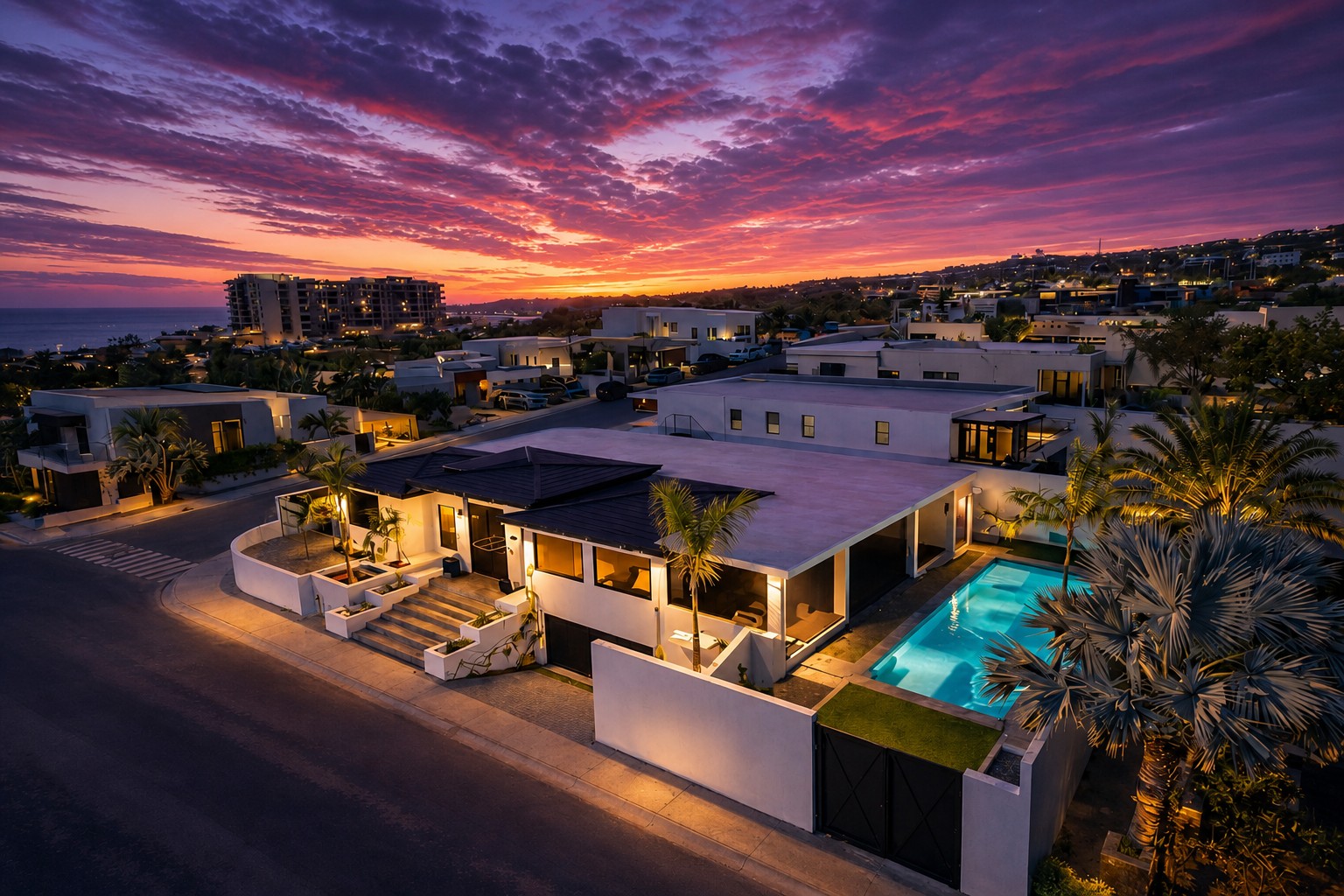 Aerial view of Villa Utopia at sunset over Cabo San Lucas