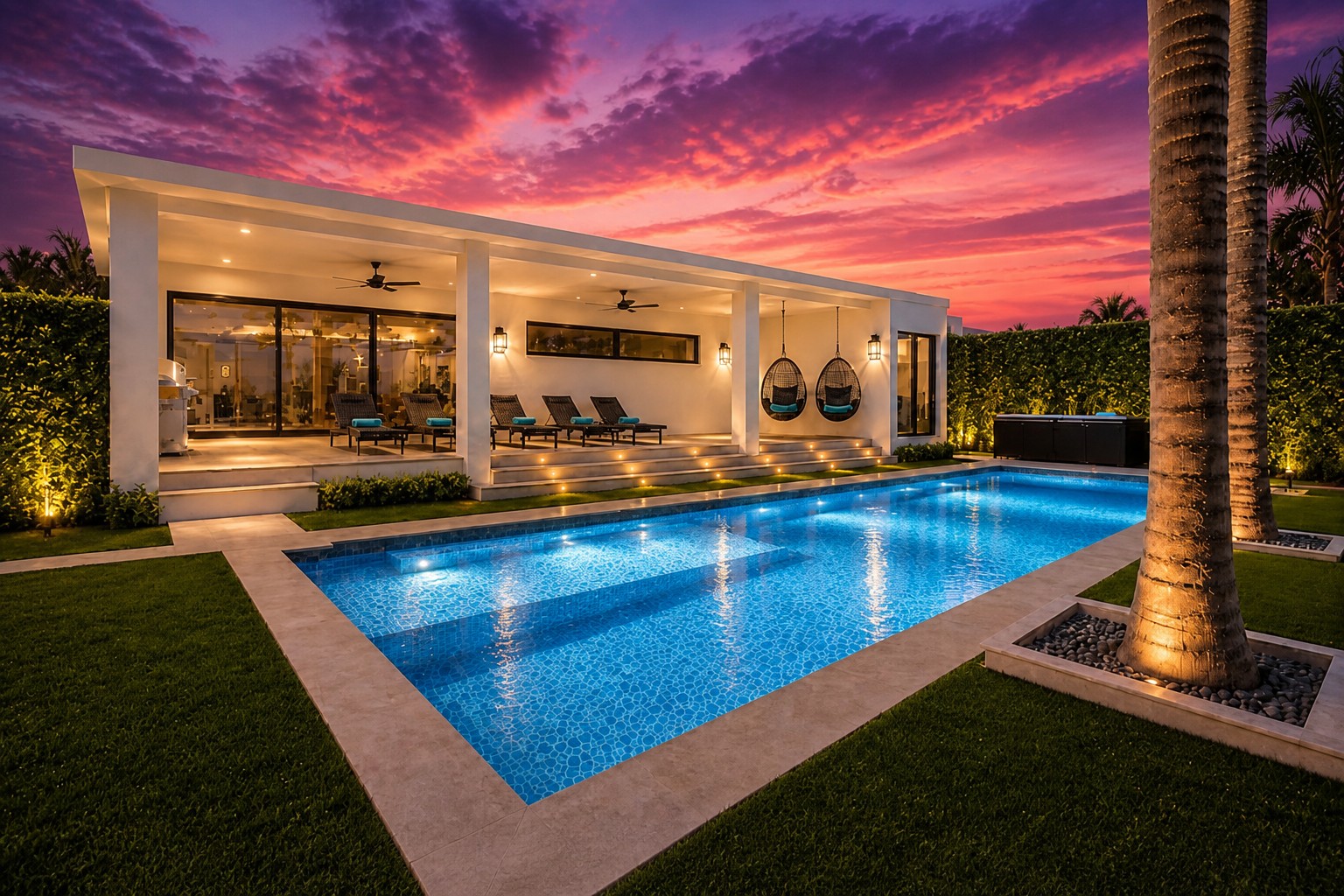 Villa Utopia pool and covered patio at sunset