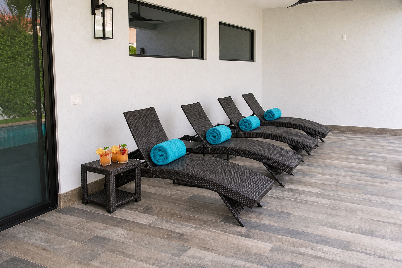 Covered patio lounges with cocktails
