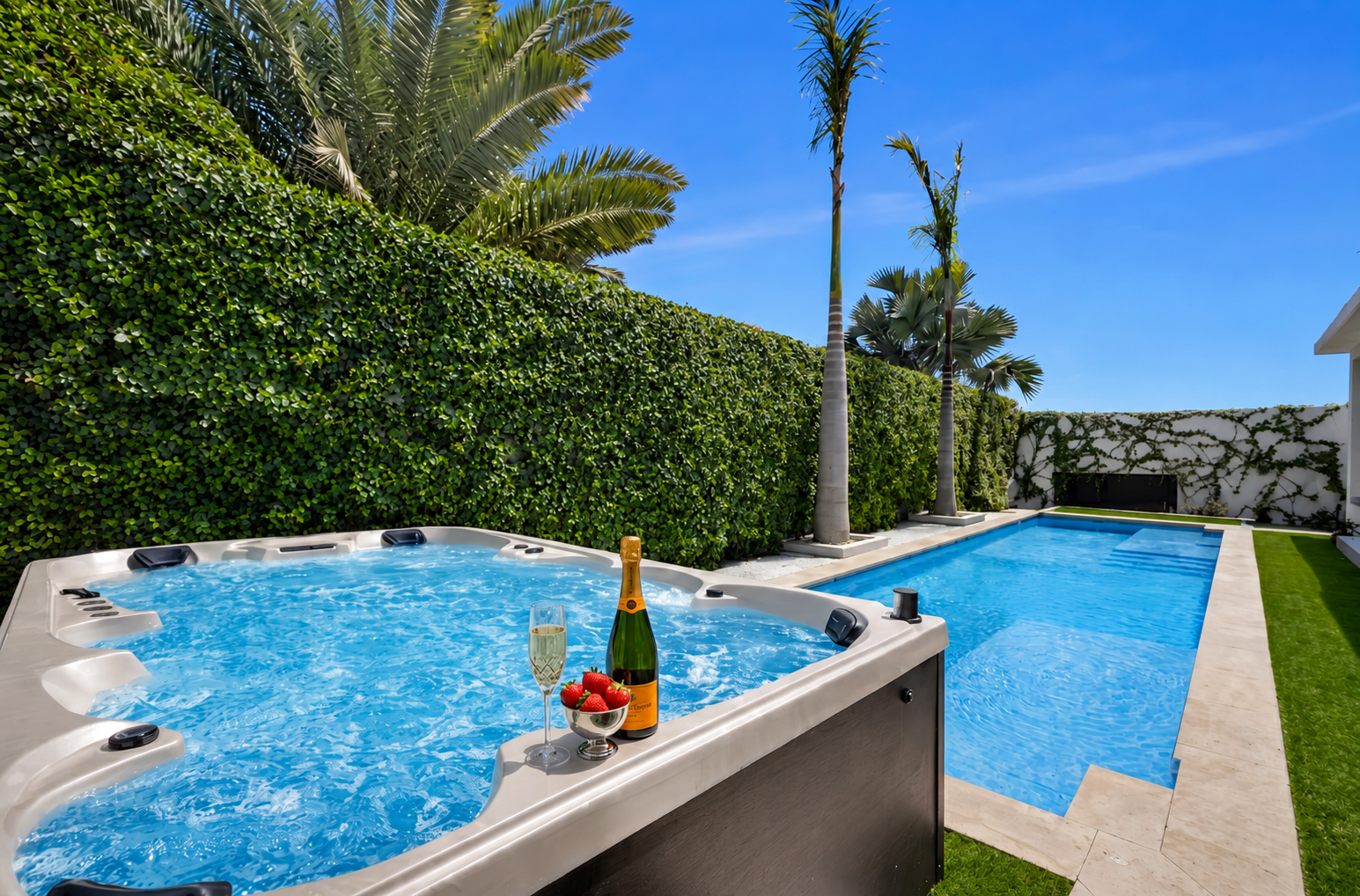 Custom 12-person jacuzzi and 50-ft lap pool