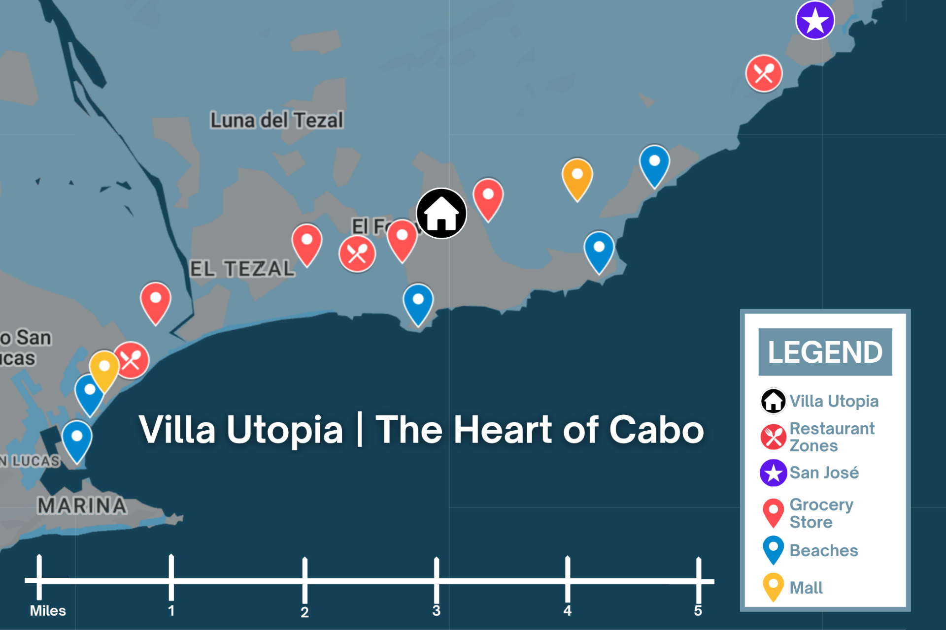 Villa Utopia driving map showing nearby beaches, restaurants, and shops