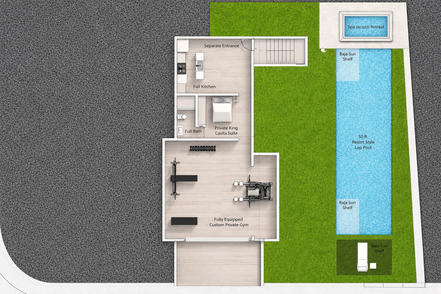 Villa Utopia casita suite, full kitchen and gym floor plan