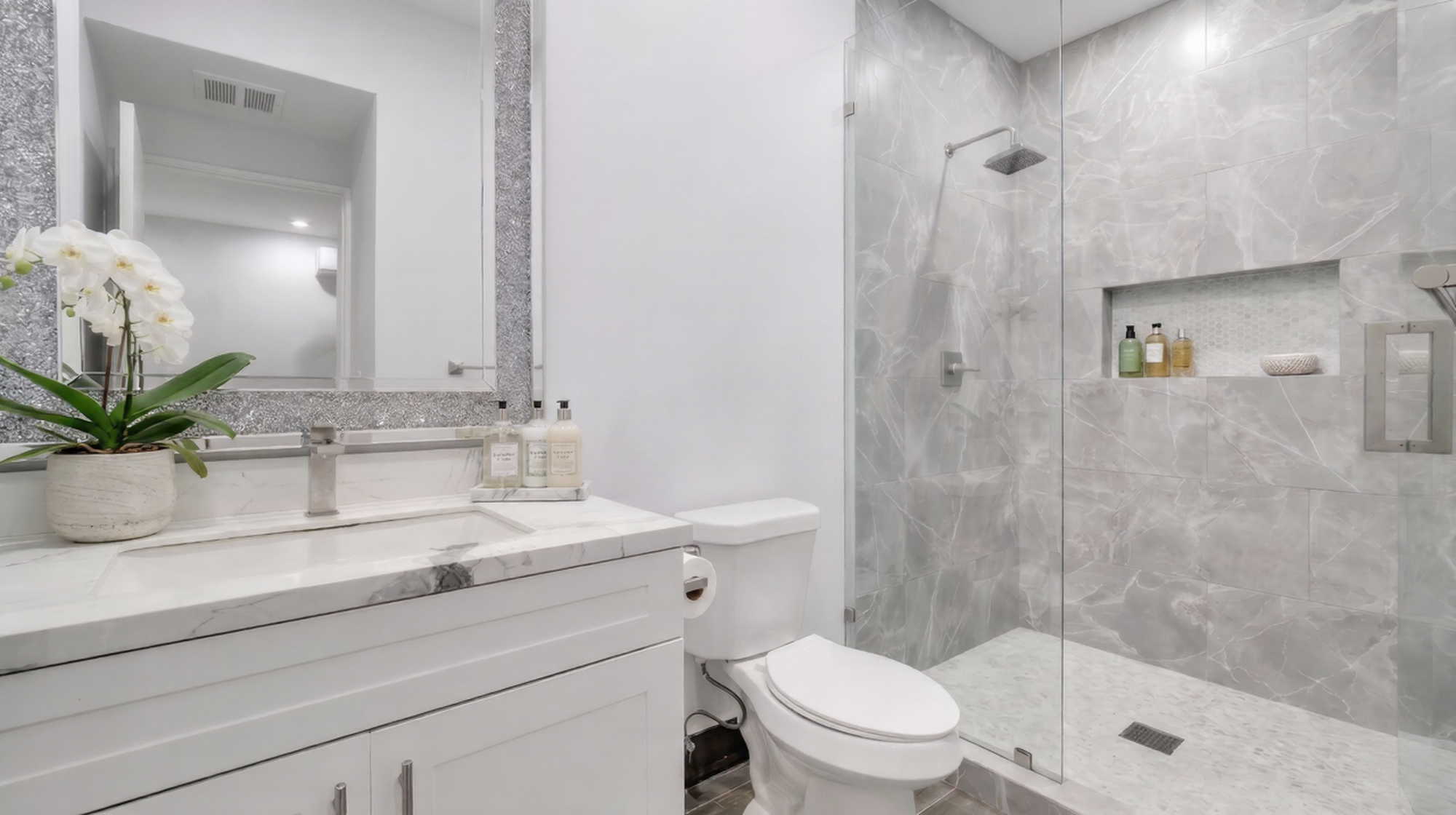 Casita bathroom with oversized shower