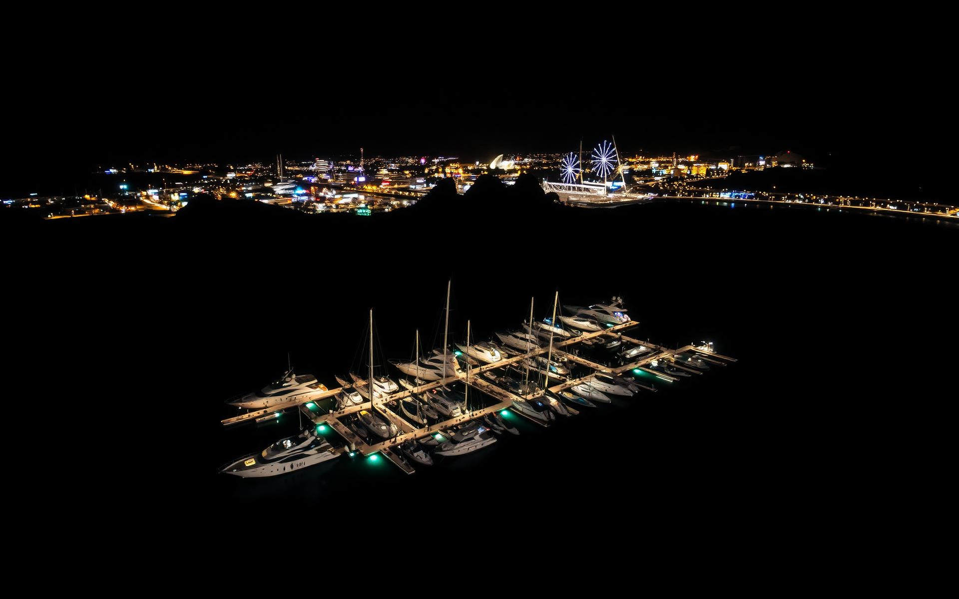 Aerial view of the Cabo San Lucas marina at night